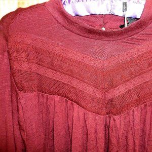 NWT RXB Maroon Mock Neck Long Bell Sleeve Blouse